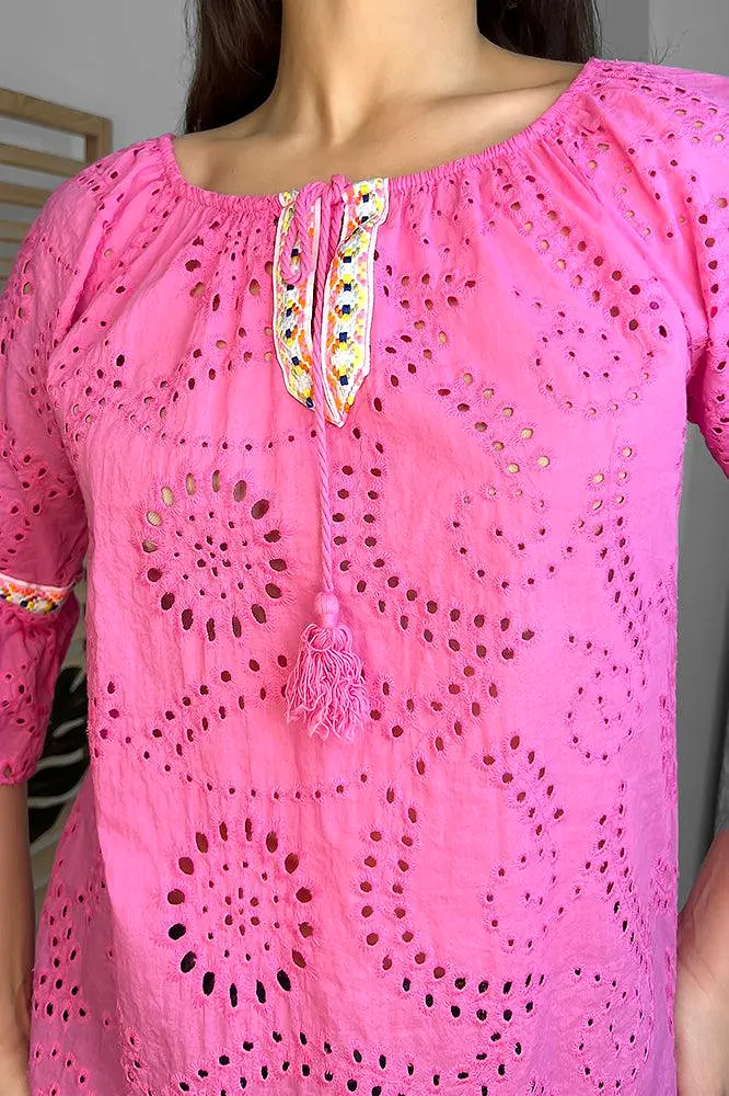 100% Cotton Hot Pink Perforated Tunic