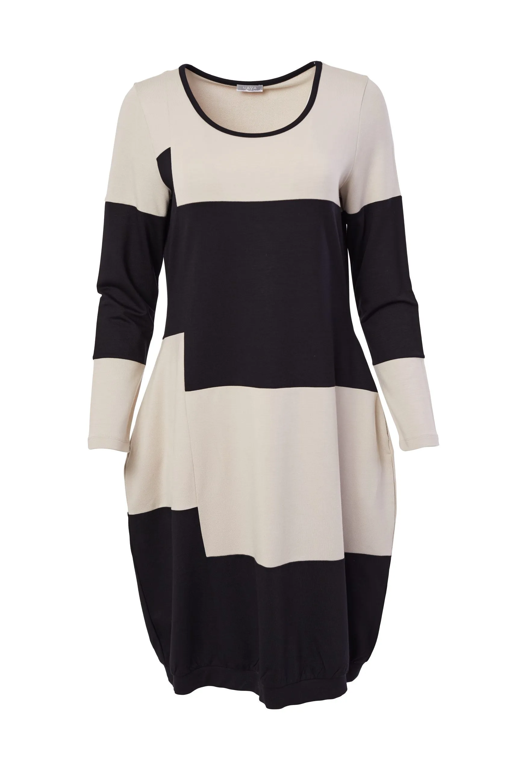 125- Naya Block Stripe Dress- Black & Sand