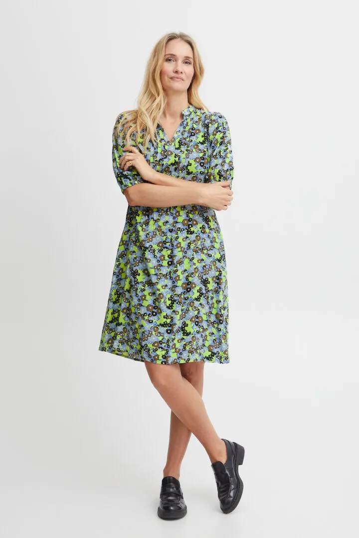 1883- Blue/Lime Mix V-Neck Floral Dress- Fransa