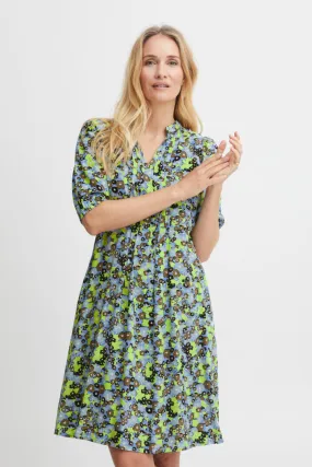 1883- Blue/Lime Mix V-Neck Floral Dress- Fransa