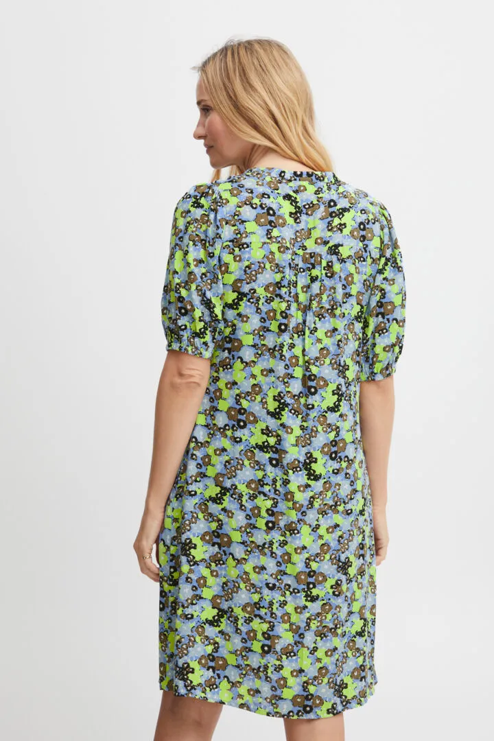 1883- Blue/Lime Mix V-Neck Floral Dress- Fransa