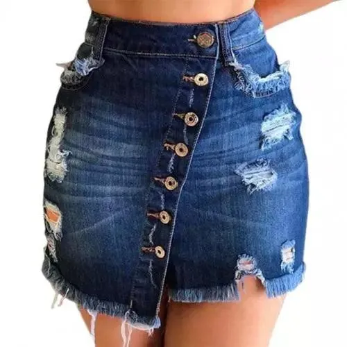 2021 New Women Short Denim Skirt High Waist Ripped Holes Denim Multi Breasted Irregular Tassel Denim Black Blue Skirt Streetwear