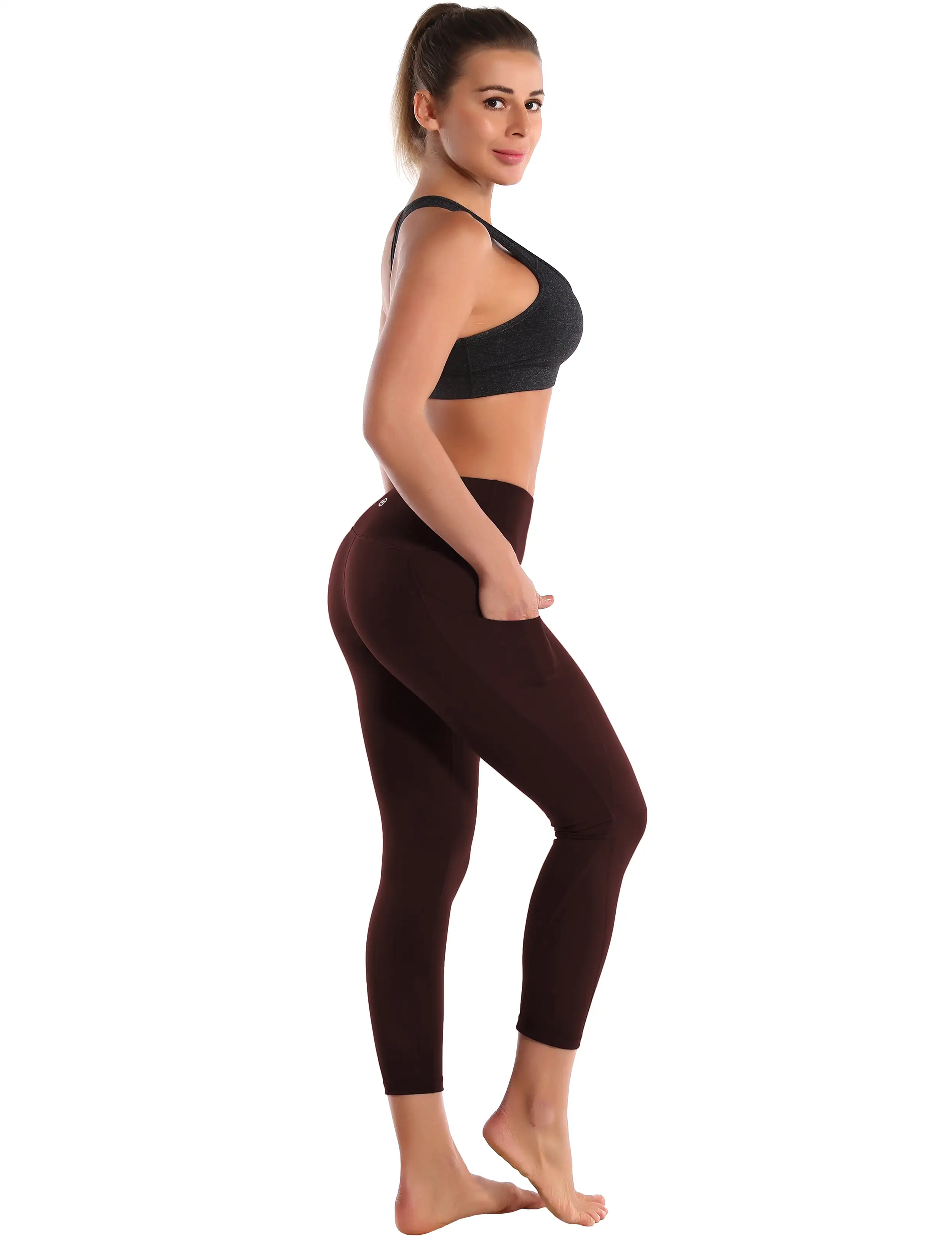 22 High Waist Side Pockets Capris mahoganymaroon_yogastudio