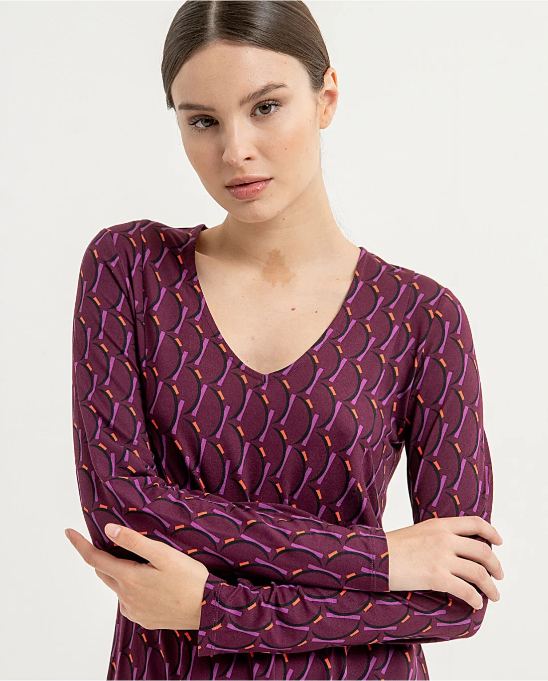 716- Long Sleeve VNeck Printed Dress- Purple- Surkana