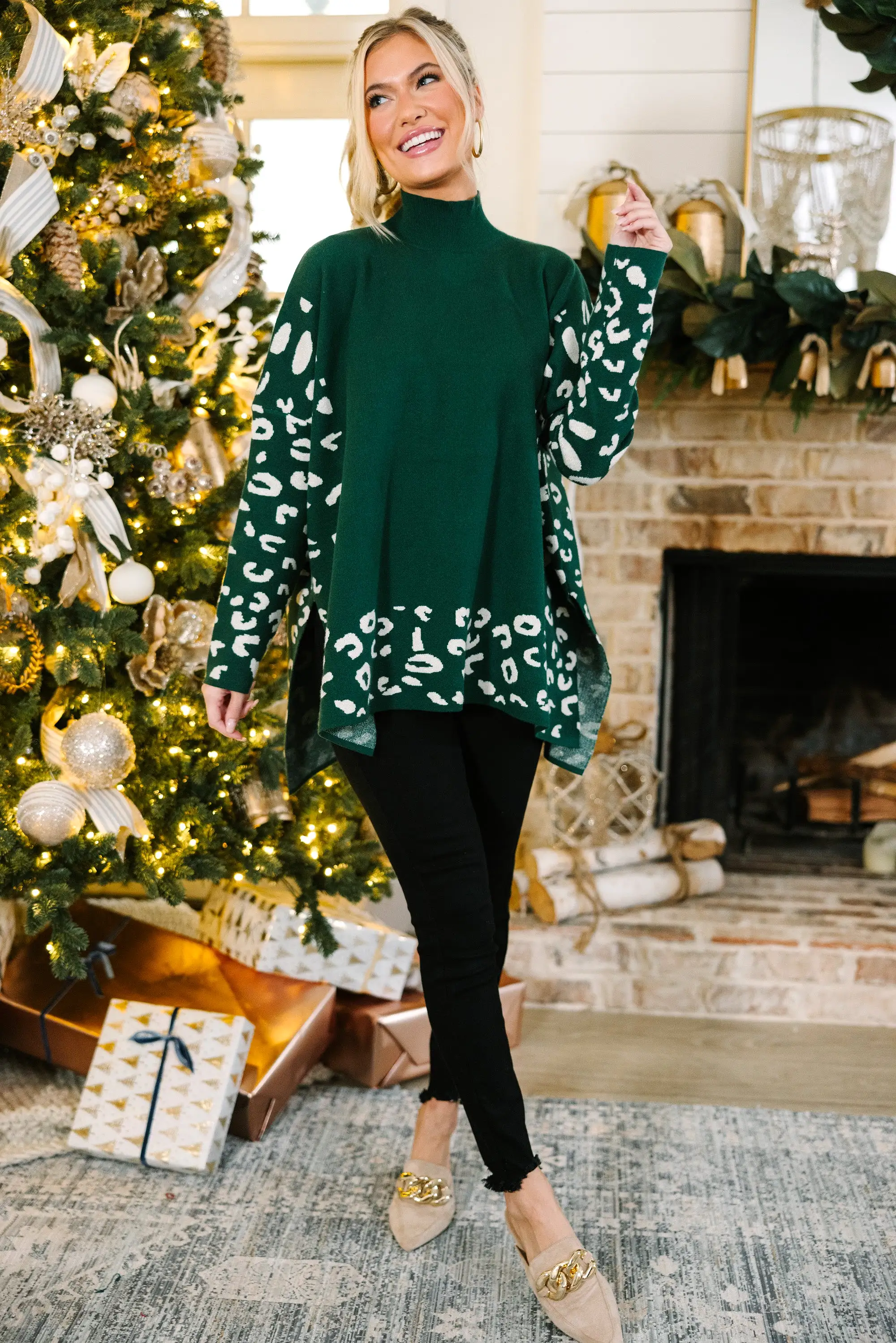 All In Theory Emerald Green Leopard Sweater Tunic