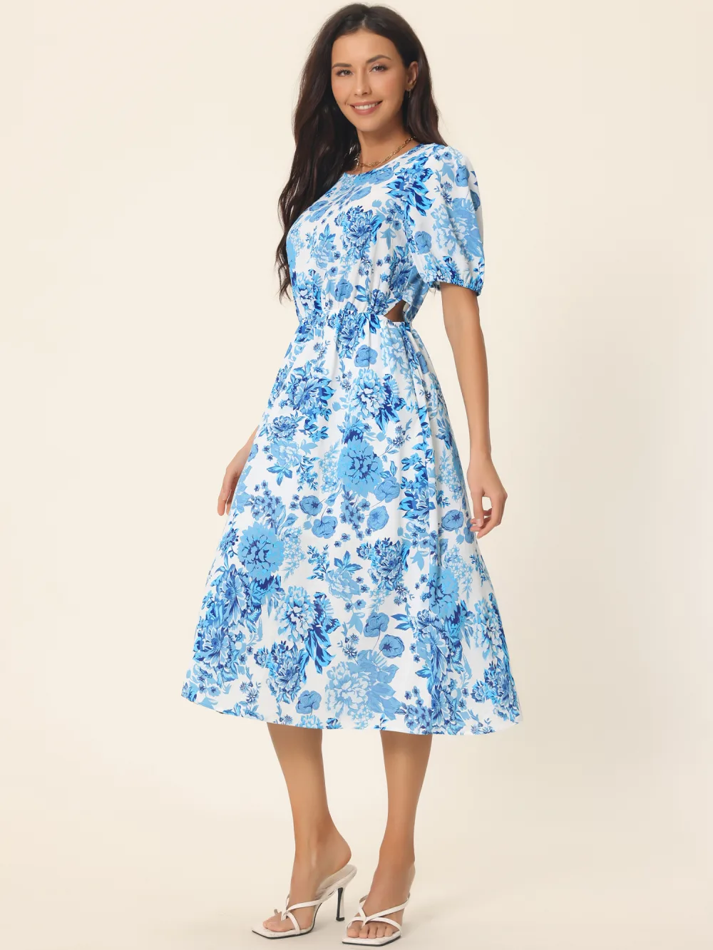 Allegra K - Summer Cutout Waist Floral Dress