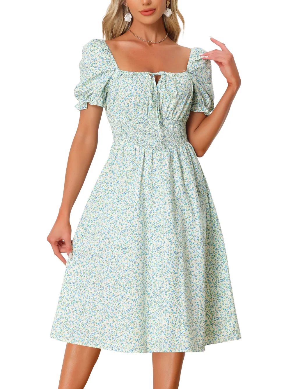 Allegra K - Summer Puff Sleeve Cotton Floral Dress