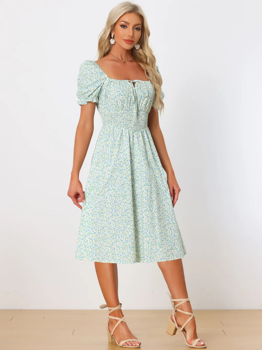 Allegra K - Summer Puff Sleeve Cotton Floral Dress