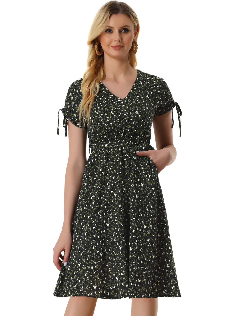 Allegra K- V Neck Tie Cuffs Belted Waist A-Line Floral Dress