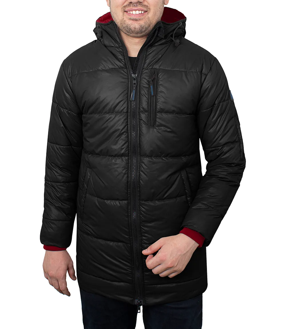 Alton Mens Black 3/4 Long Puffer Coat With Hood - Winter Jacket