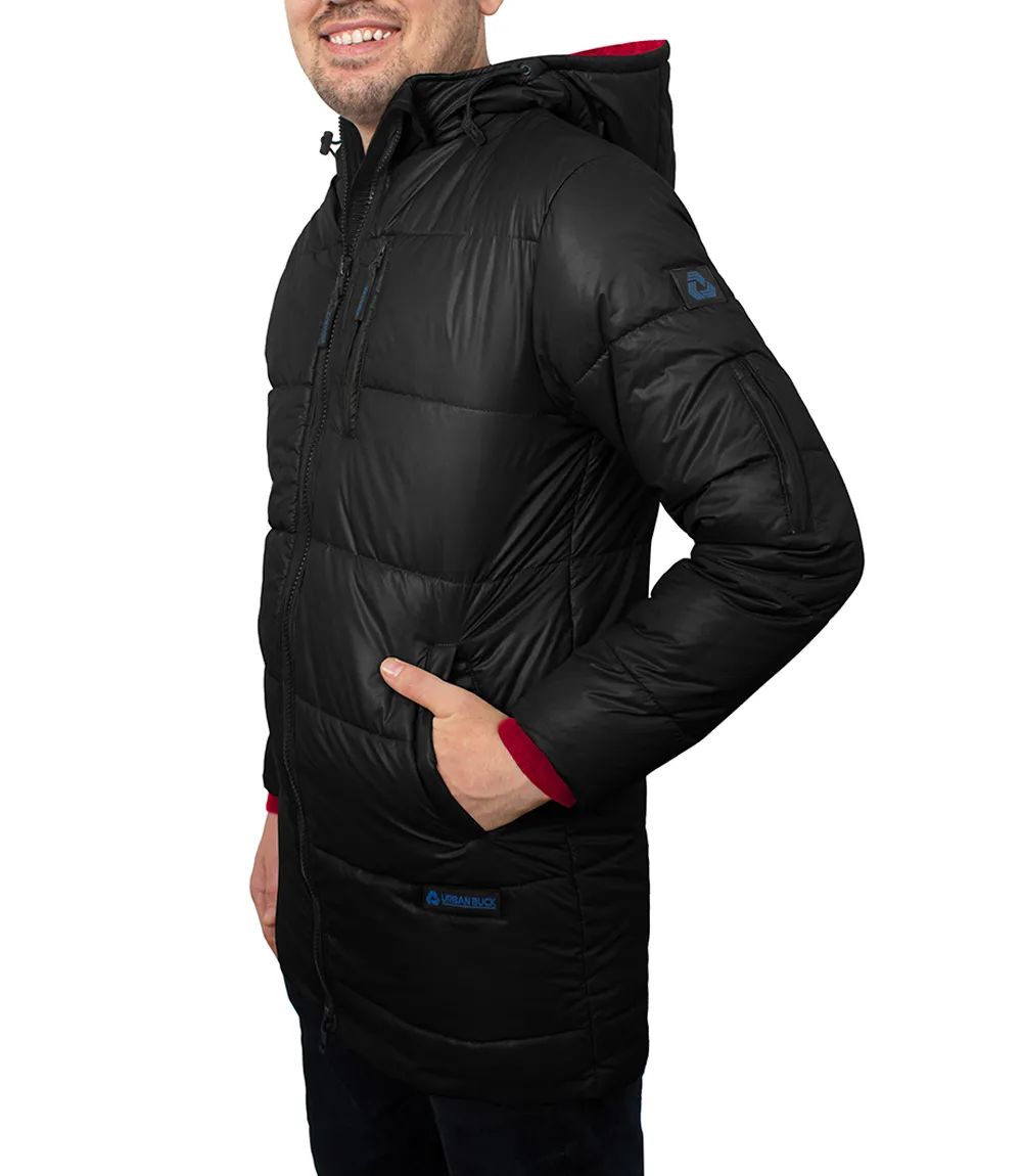 Alton Mens Black 3/4 Long Puffer Coat With Hood - Winter Jacket