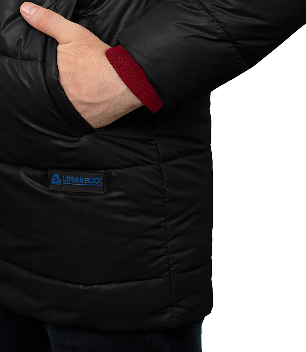 Alton Mens Black 3/4 Long Puffer Coat With Hood - Winter Jacket