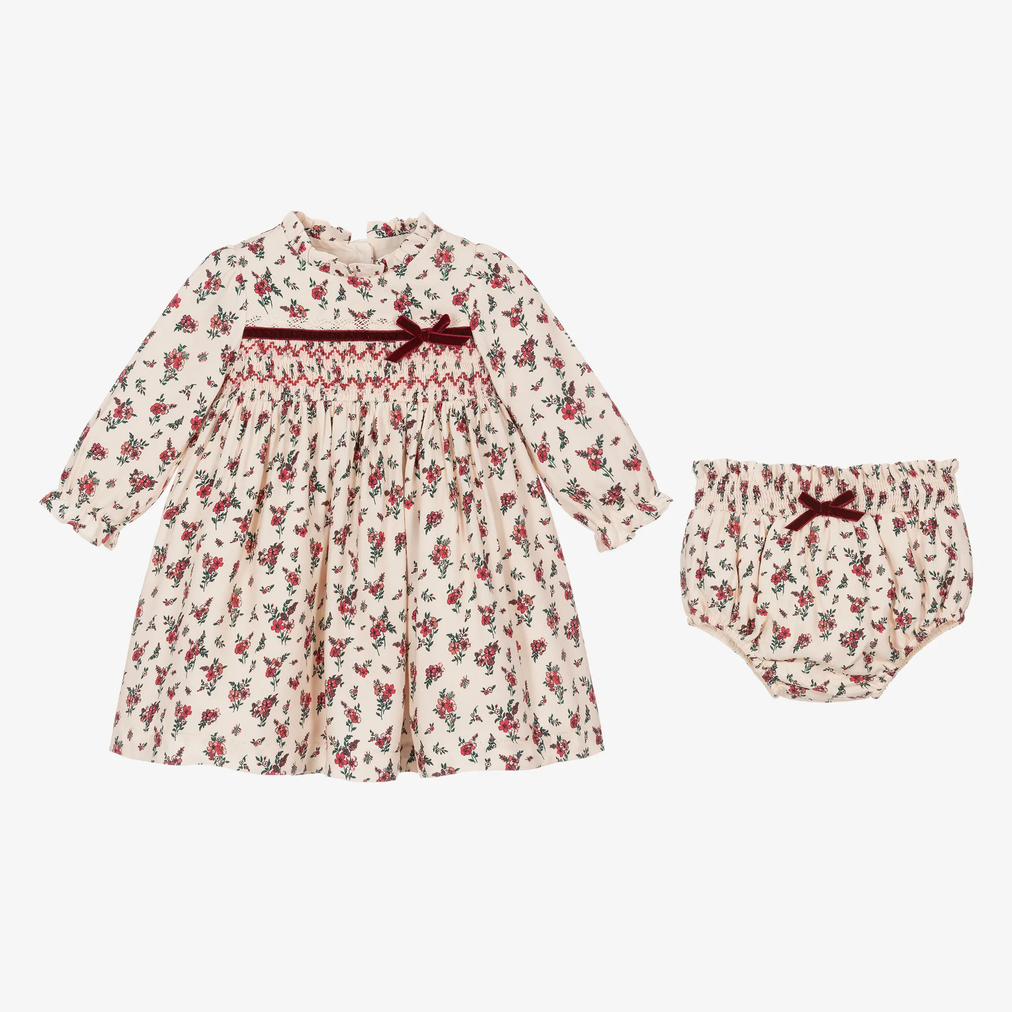 Baby Girls Ivory & Red Smocked Floral Dress