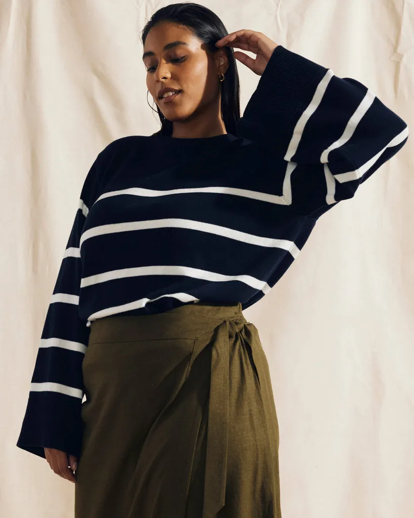 Bardot Wide Sleeve Cotton Sweater - Navy/White Stripe