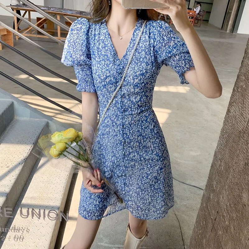 Beach Vacation Floral Dress Women Summer Short Puff Sleeve V Neck Front Button Up Elegant Chiffon Mini Dress