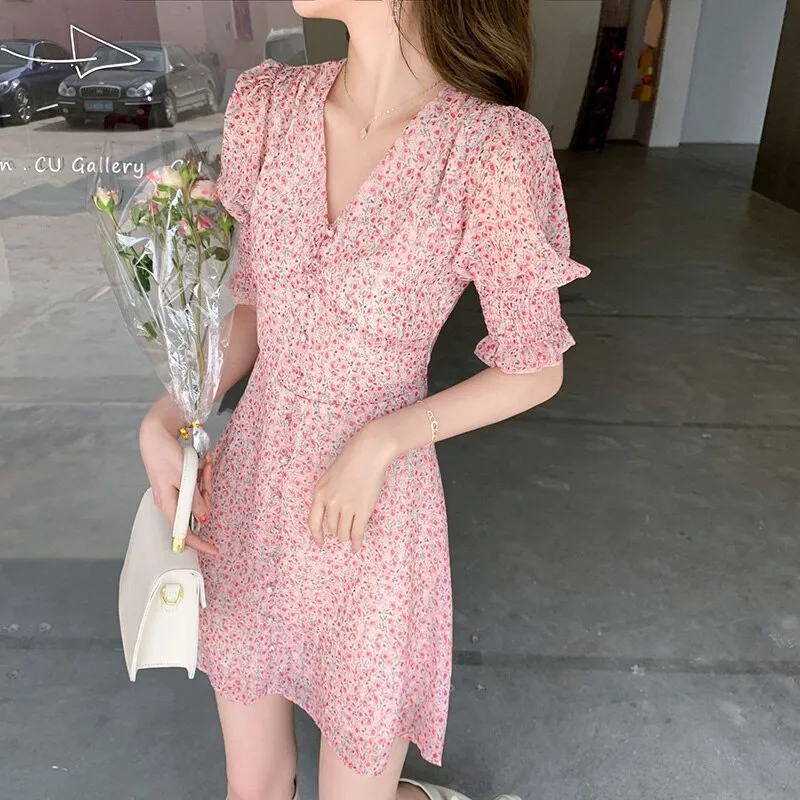 Beach Vacation Floral Dress Women Summer Short Puff Sleeve V Neck Front Button Up Elegant Chiffon Mini Dress