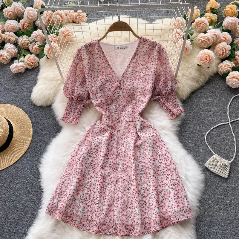 Beach Vacation Floral Dress Women Summer Short Puff Sleeve V Neck Front Button Up Elegant Chiffon Mini Dress