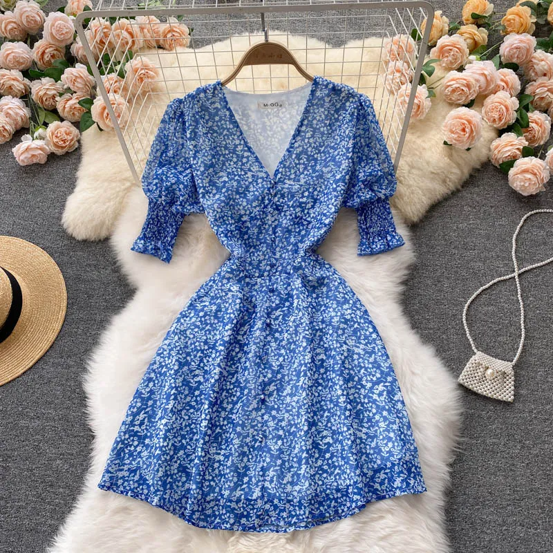 Beach Vacation Floral Dress Women Summer Short Puff Sleeve V Neck Front Button Up Elegant Chiffon Mini Dress