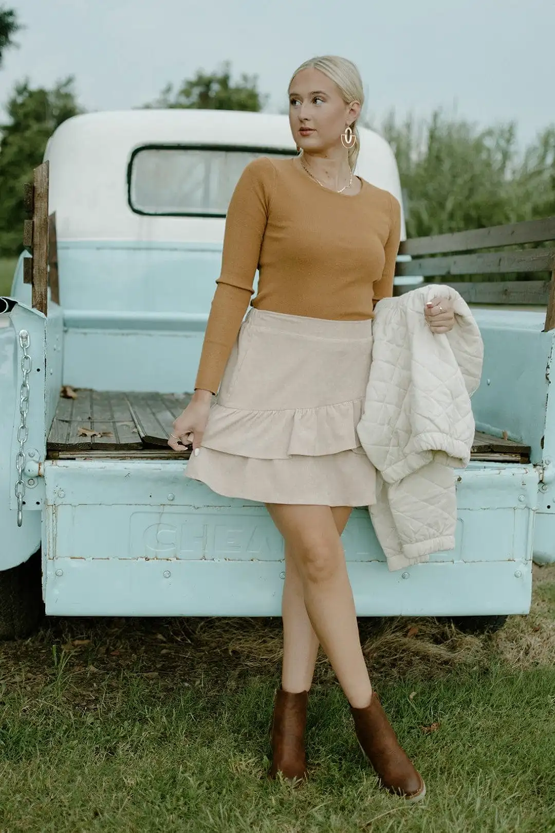 Beige Corduroy Two Tier Mini Skirt