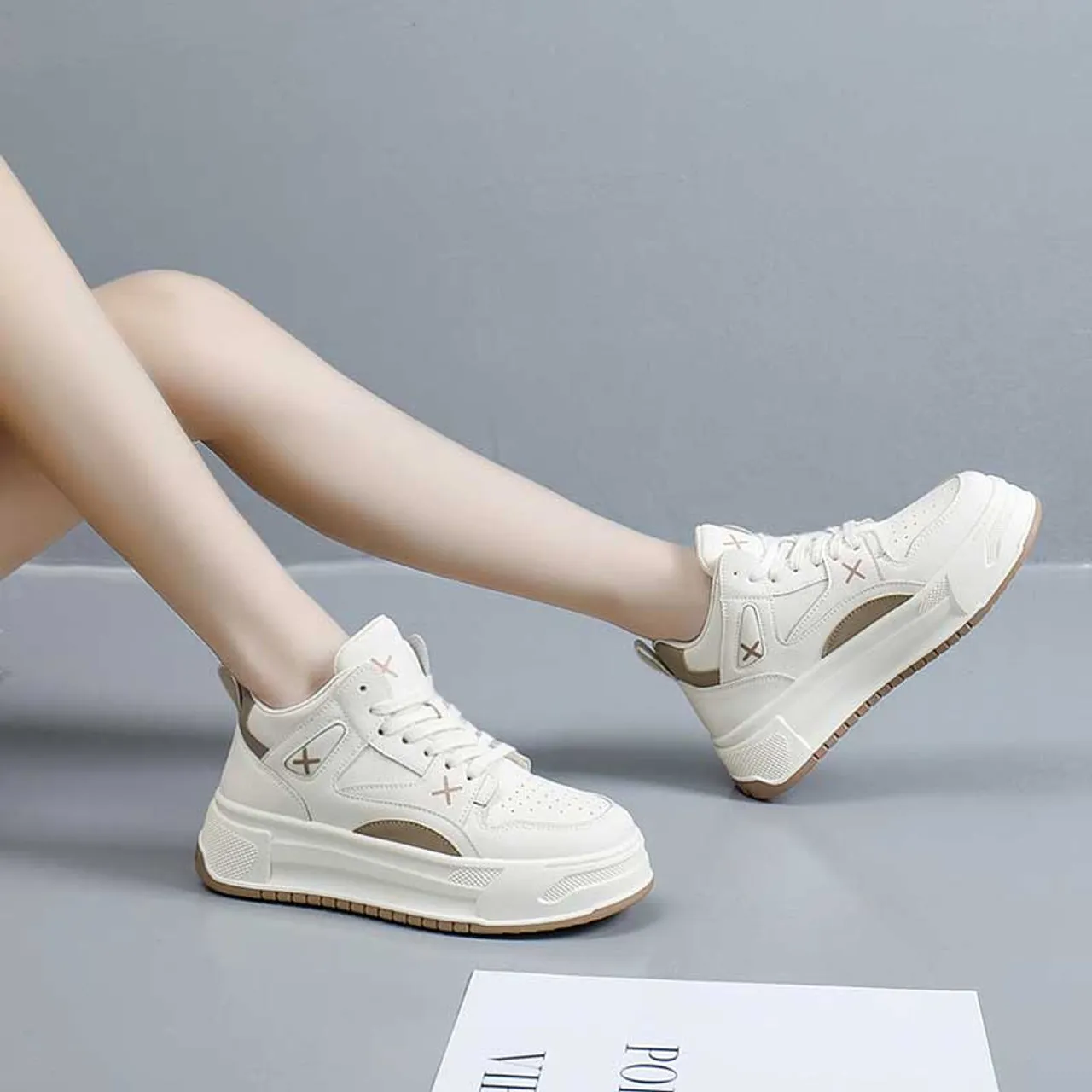 Beige khaki casual cross pattern shoe sneaker