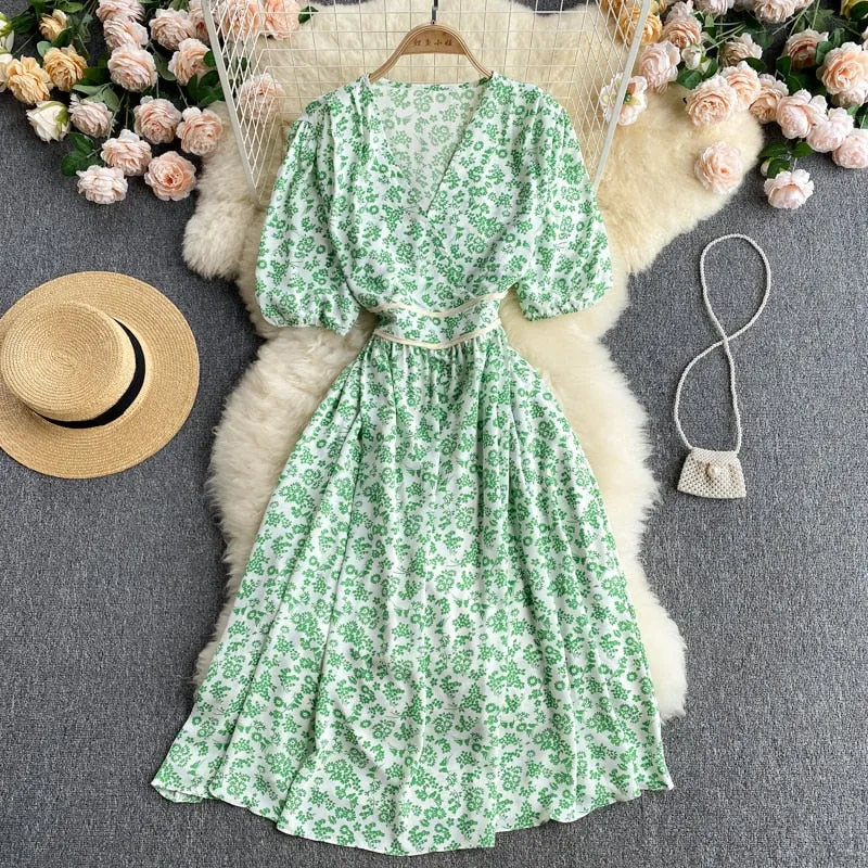 Belted Chiffon Midi Dress V Neck Short Puff Sleeve Floral Dress