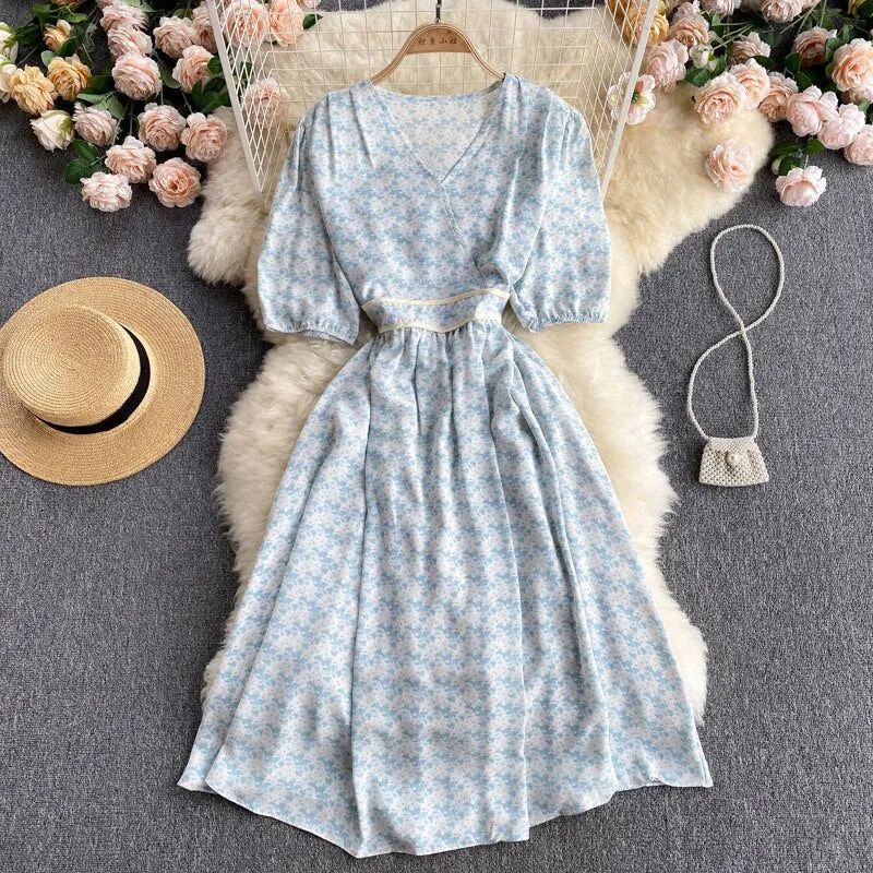 Belted Chiffon Midi Dress V Neck Short Puff Sleeve Floral Dress