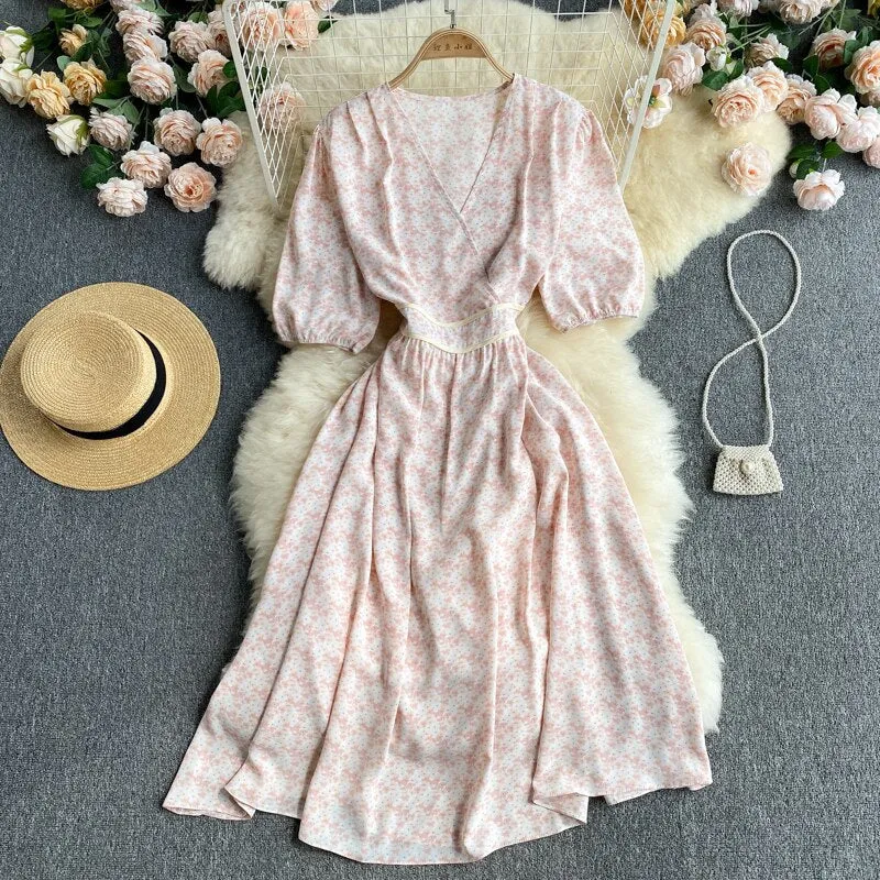 Belted Chiffon Midi Dress V Neck Short Puff Sleeve Floral Dress