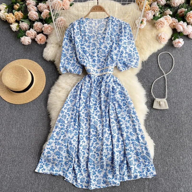 Belted Chiffon Midi Dress V Neck Short Puff Sleeve Floral Dress