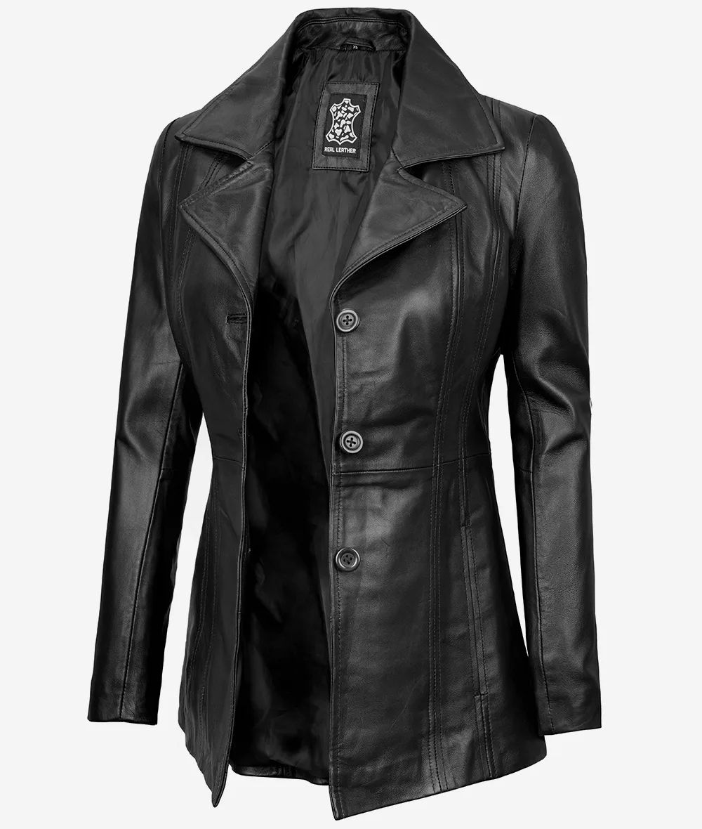 Bitonto Womens 3/4 Length Black Leather Coat