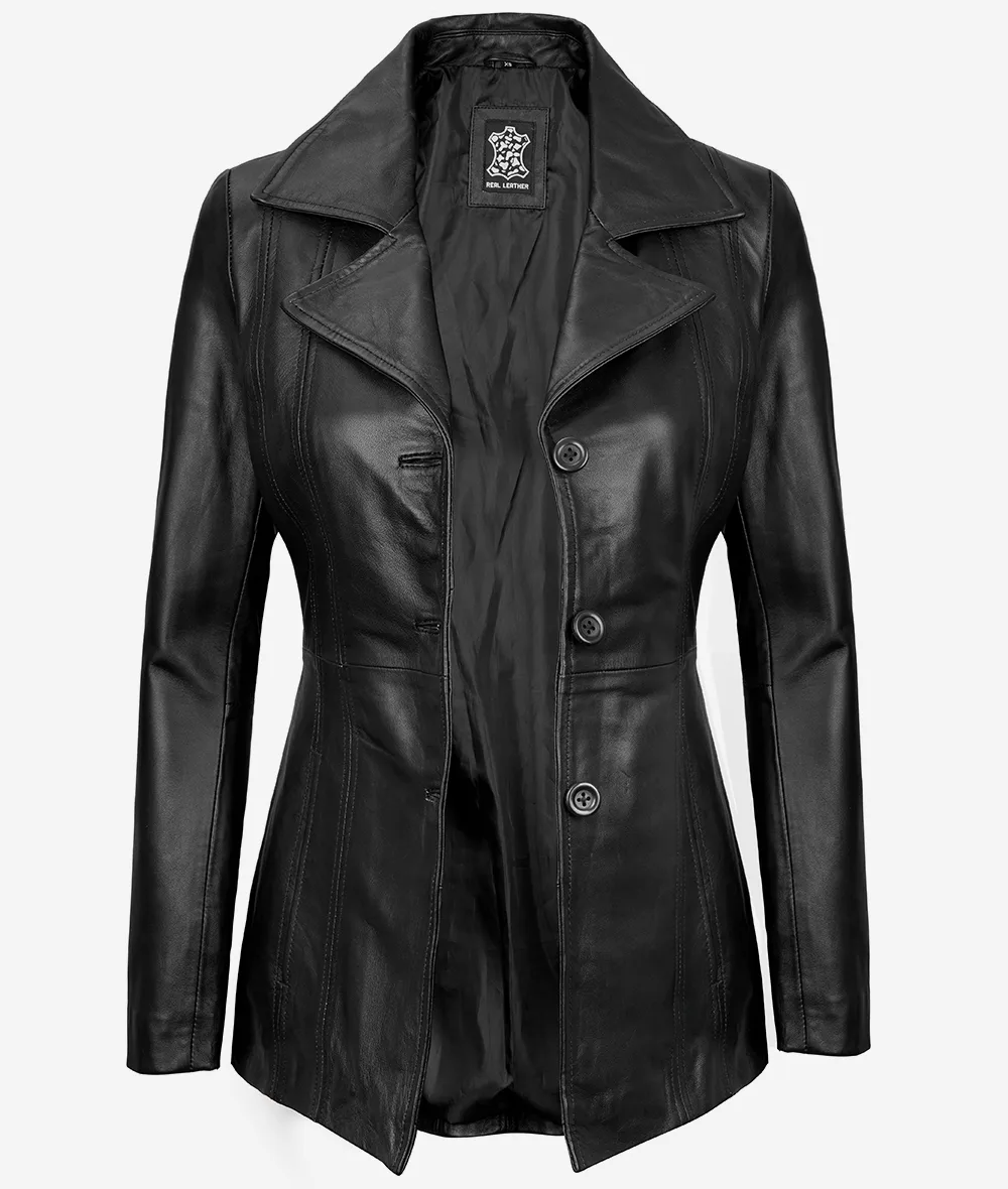 Bitonto Womens 3/4 Length Black Leather Coat