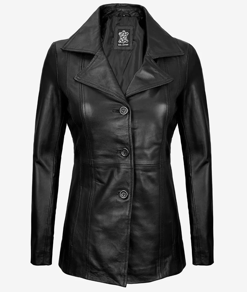 Bitonto Womens 3/4 Length Black Leather Coat