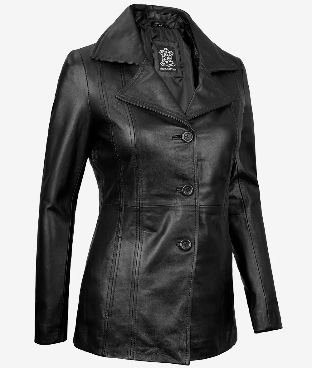 Bitonto Womens 3/4 Length Black Leather Coat