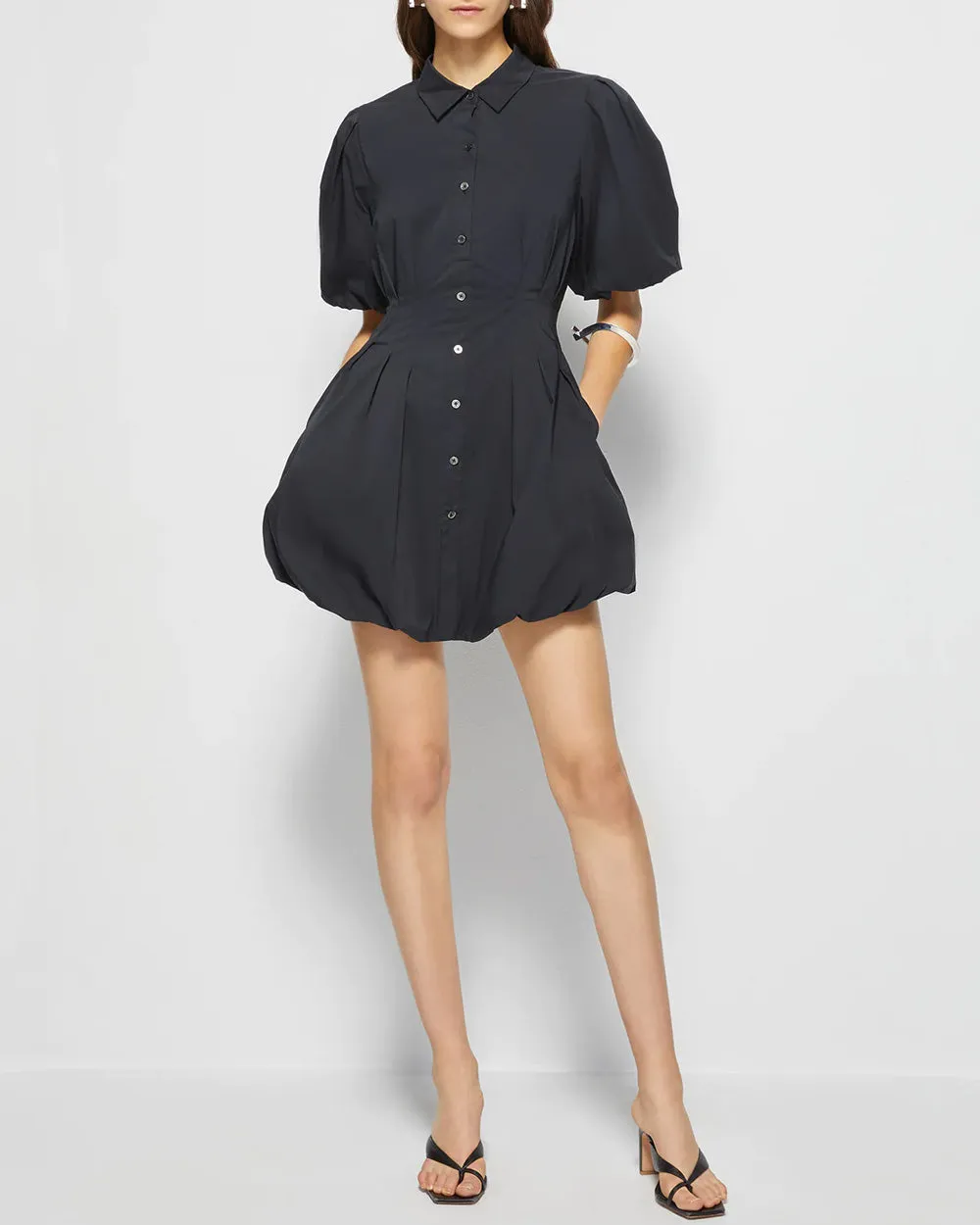 Black Cleo Balloon Pintuck Mini Dress