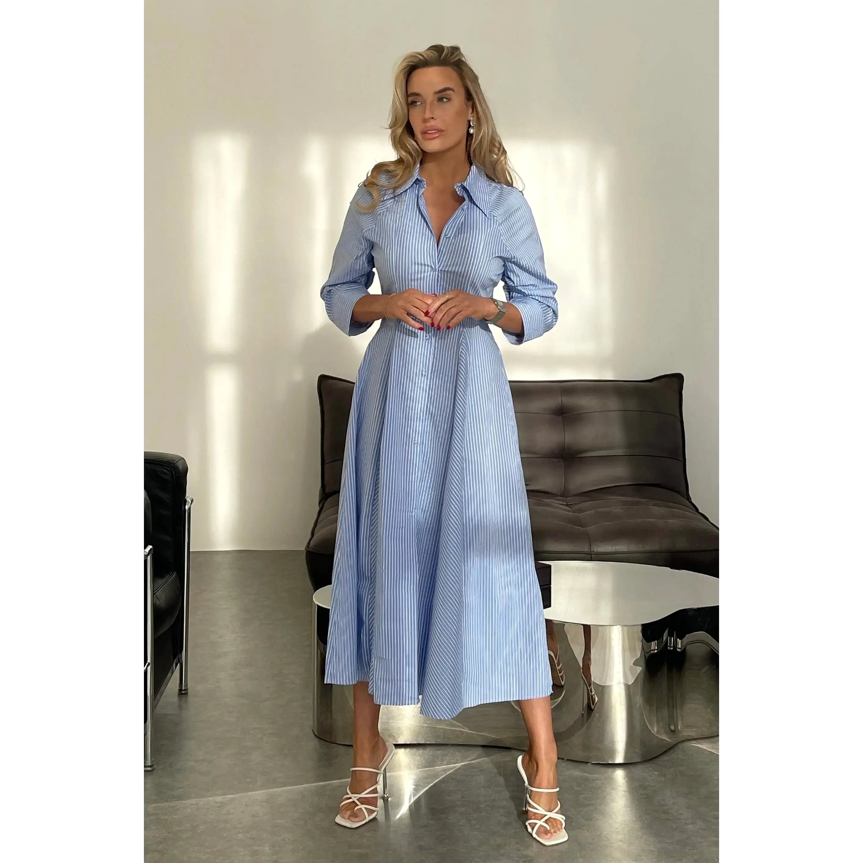 Blue Pinstripe Button Down Midi Shirt Dress