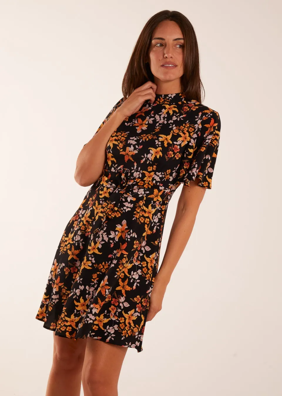 Blue Vanilla Black High Neck Angel Sleeve Floral Dress