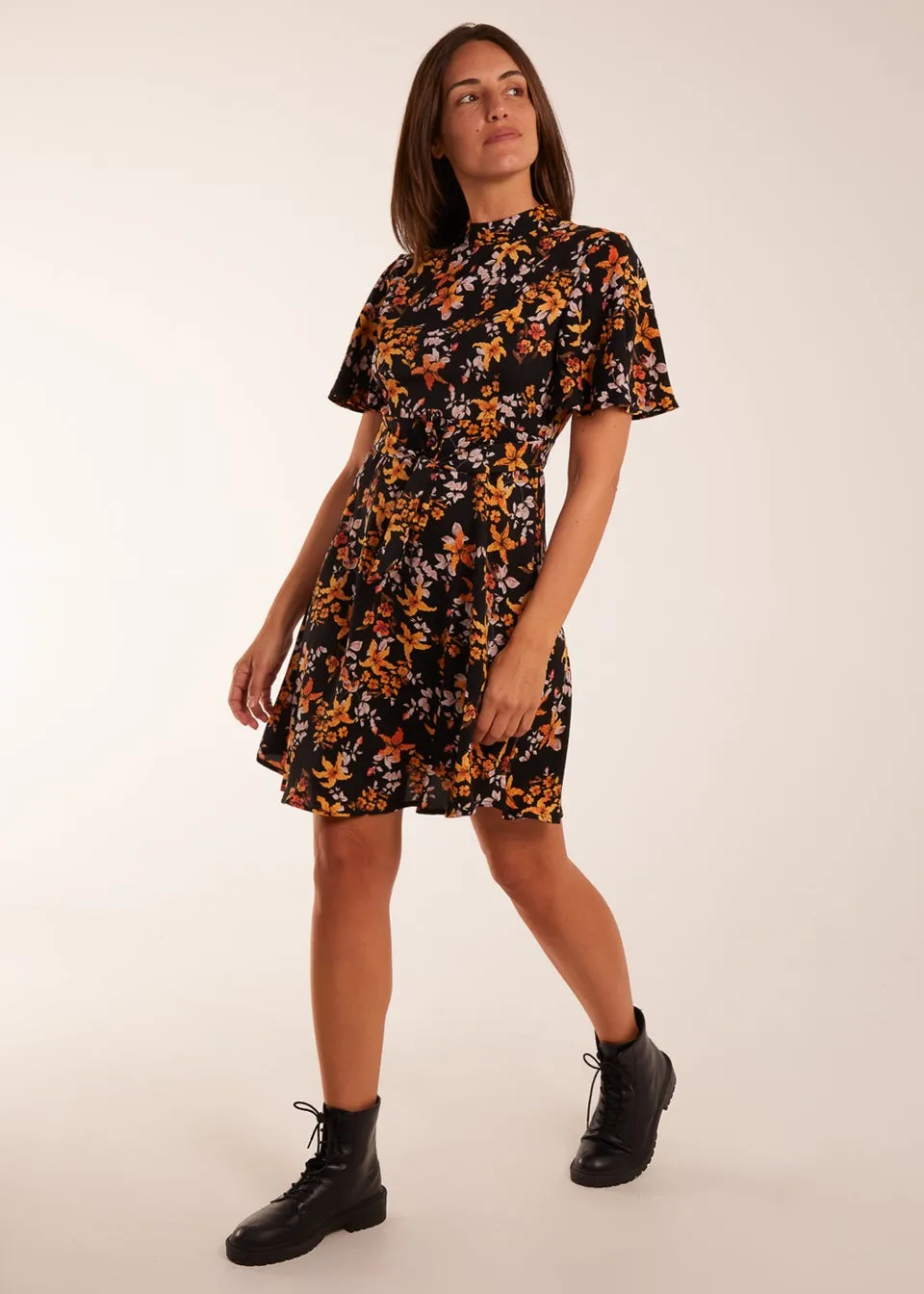 Blue Vanilla Black High Neck Angel Sleeve Floral Dress