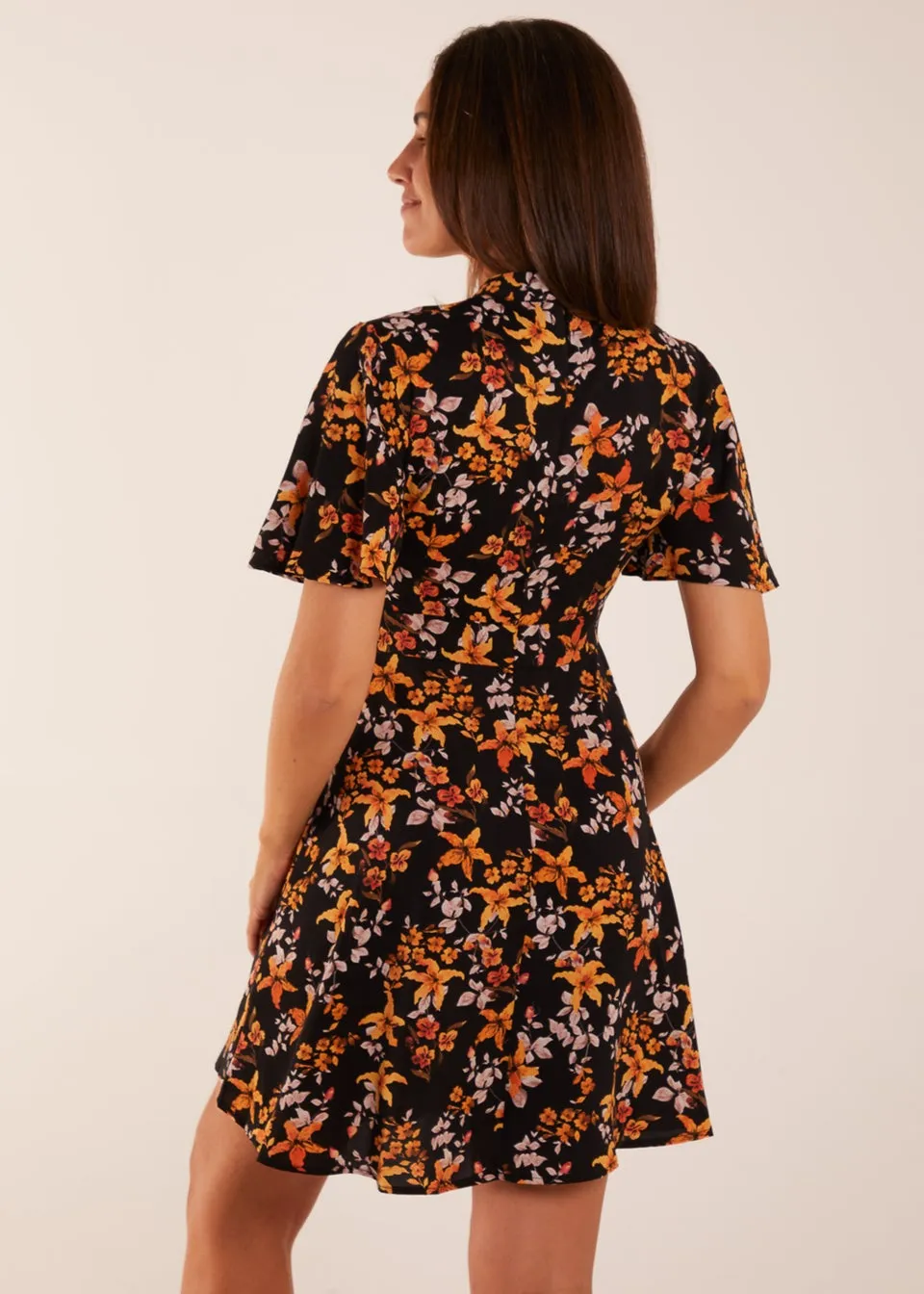 Blue Vanilla Black High Neck Angel Sleeve Floral Dress