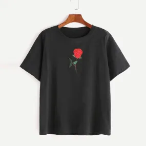 Camisetas Mujer  Women  Embroidery Floral T-Shirt Women Short Sleeve O Neck Tee Shirt Femme Black #23 GS