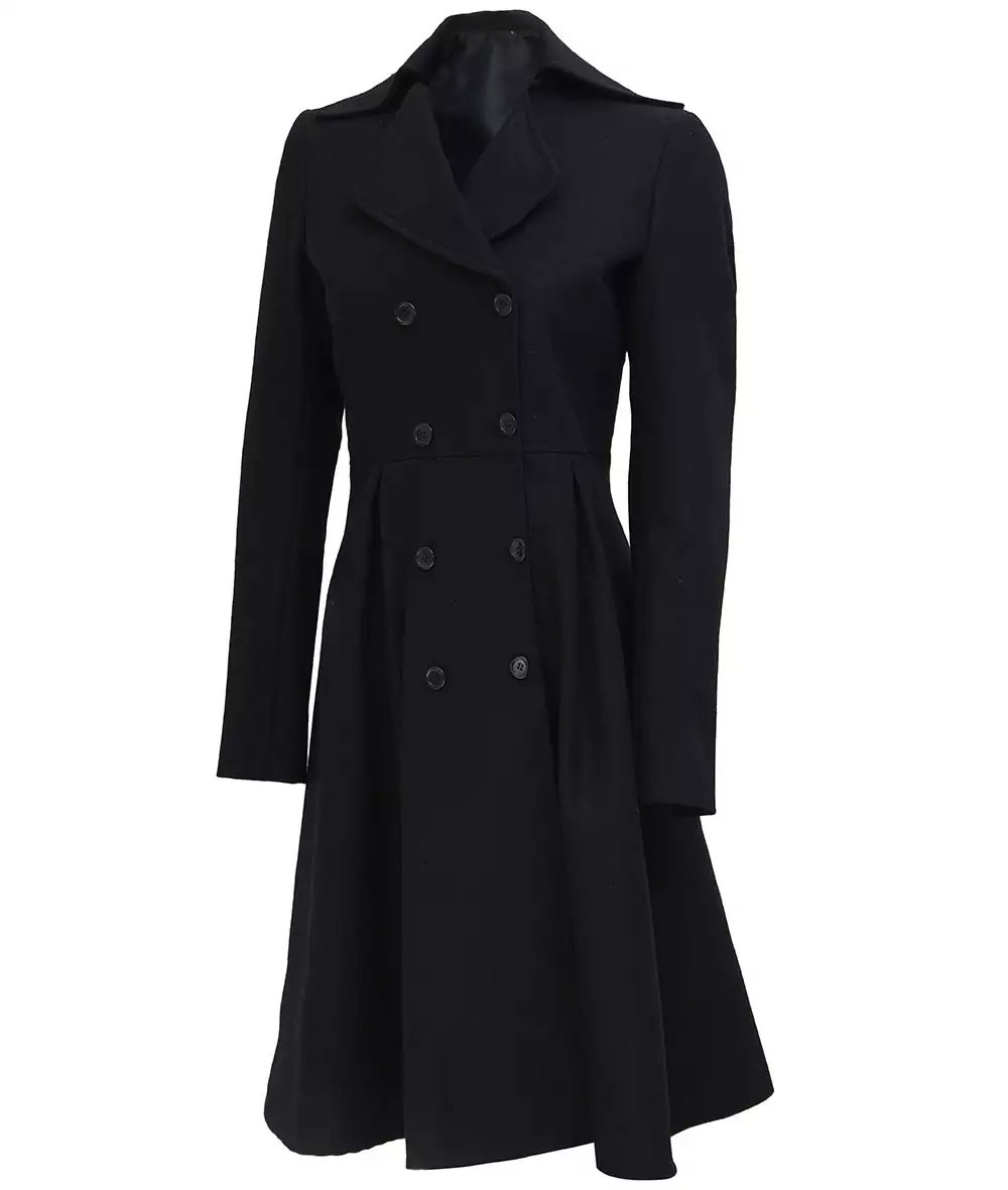 Carol Womens Black Double Breasted Wool Trench Coat