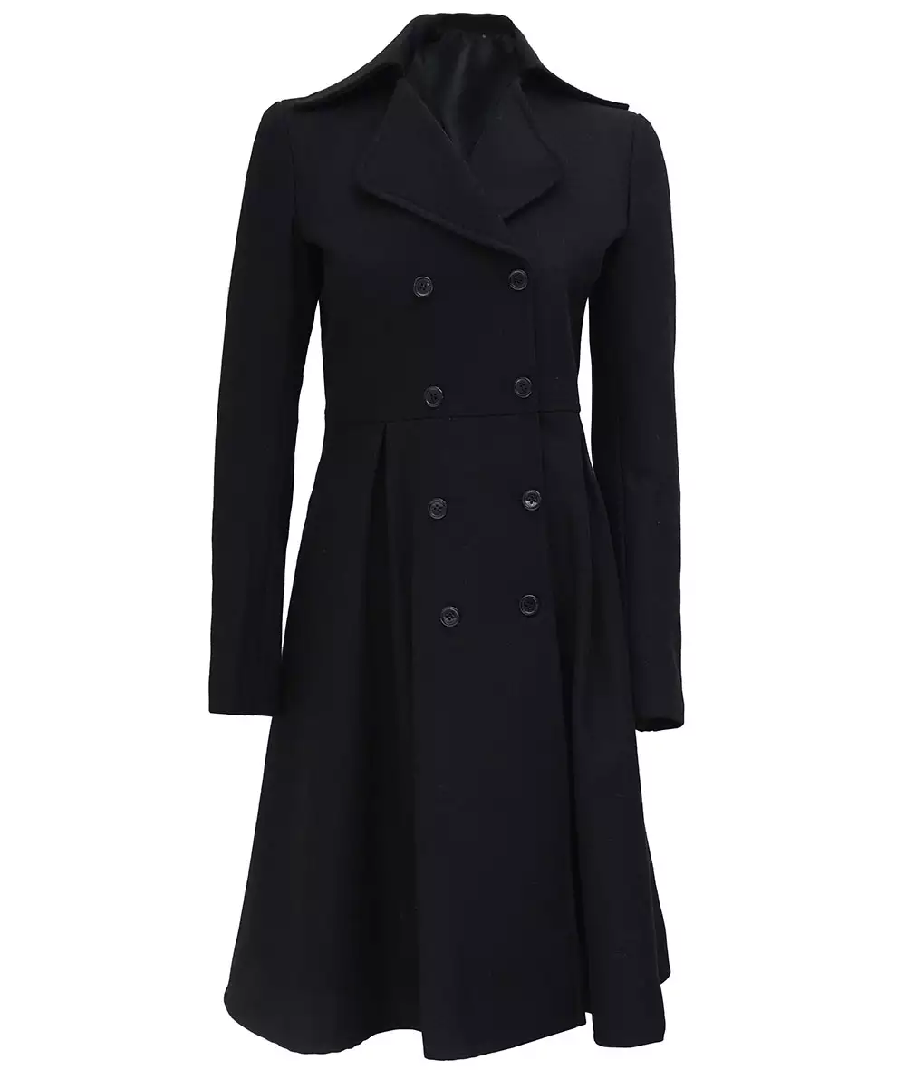 Carol Womens Black Double Breasted Wool Trench Coat