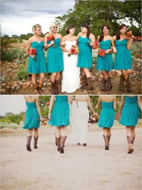 Country Style Blue Short Bridesmaid Dresses with Boots