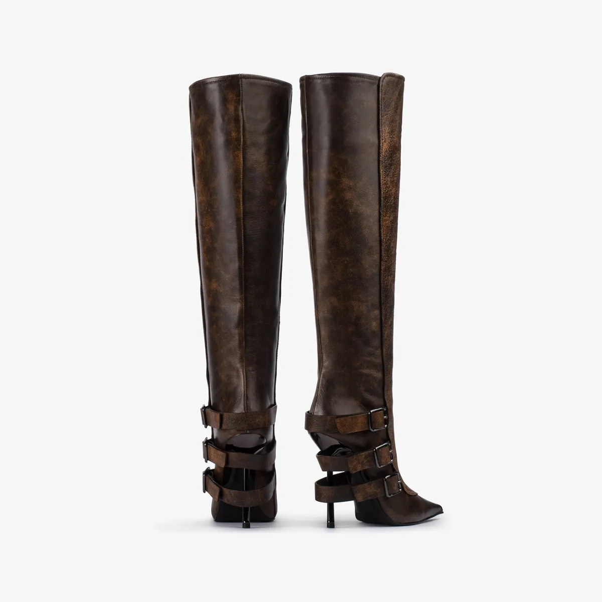 COURTNEY BOOT 120 mm Brown vintage effect leather knee boot with buckles