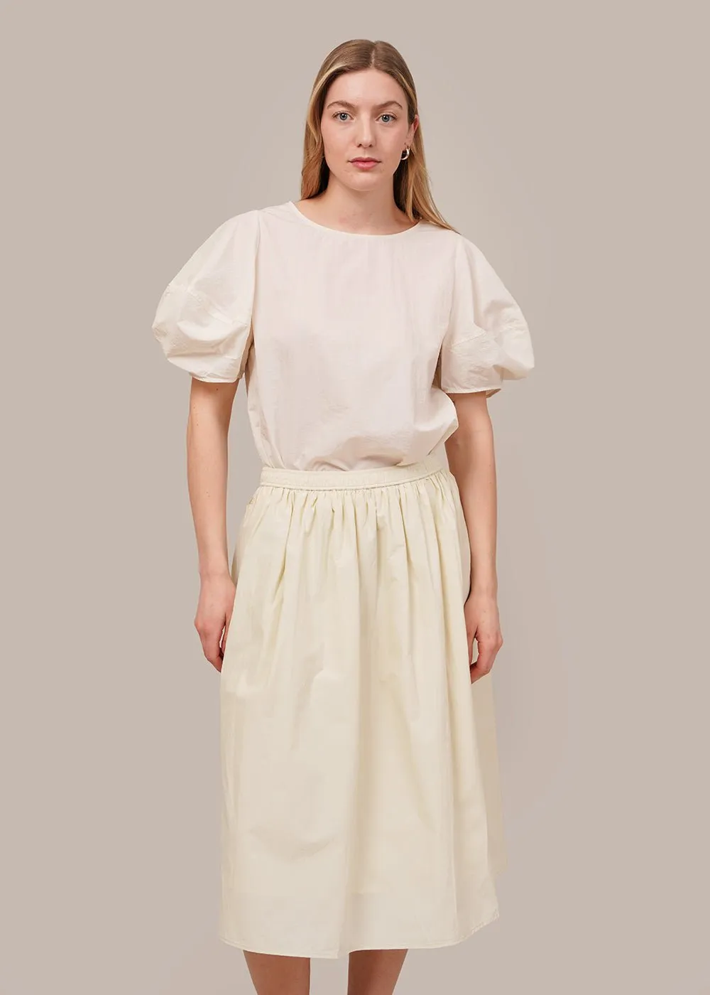 Cream Gathered Midi Skirt