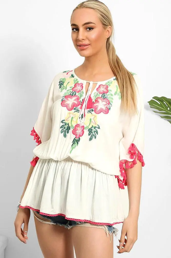 Cream Multicolour Embroidery Summer Tunic