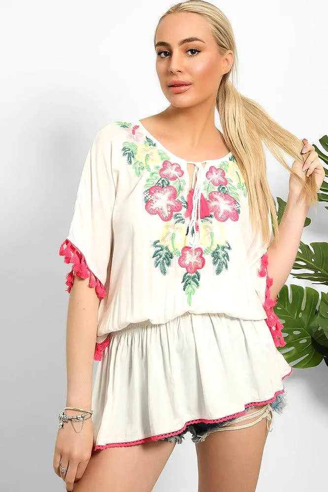 Cream Multicolour Embroidery Summer Tunic