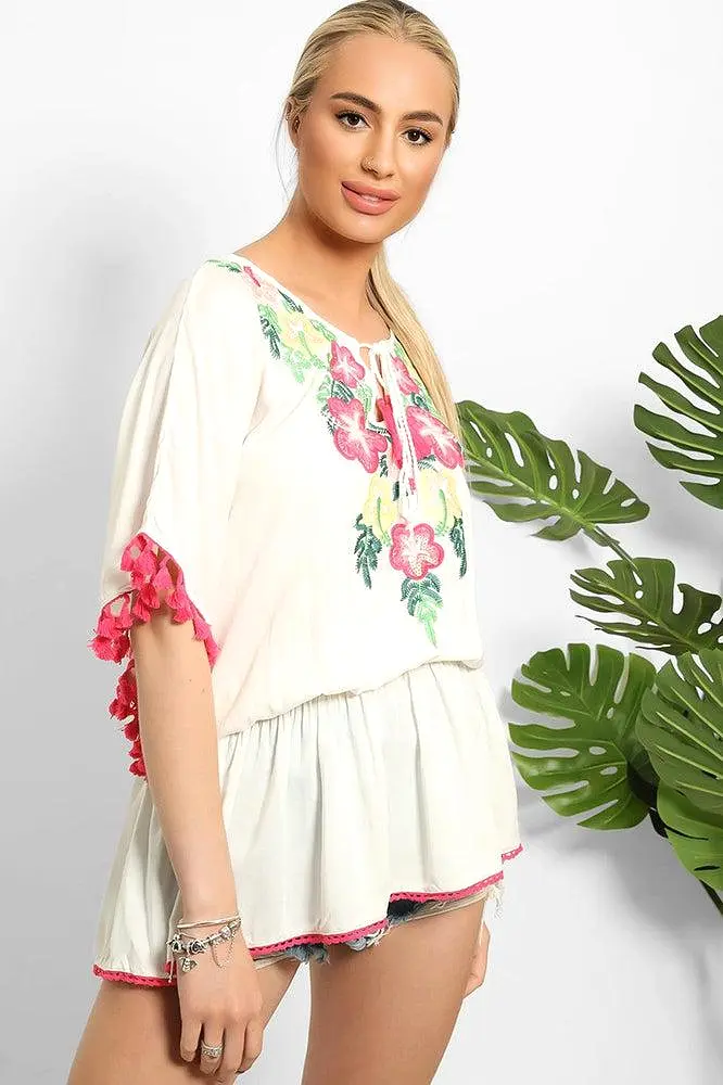 Cream Multicolour Embroidery Summer Tunic