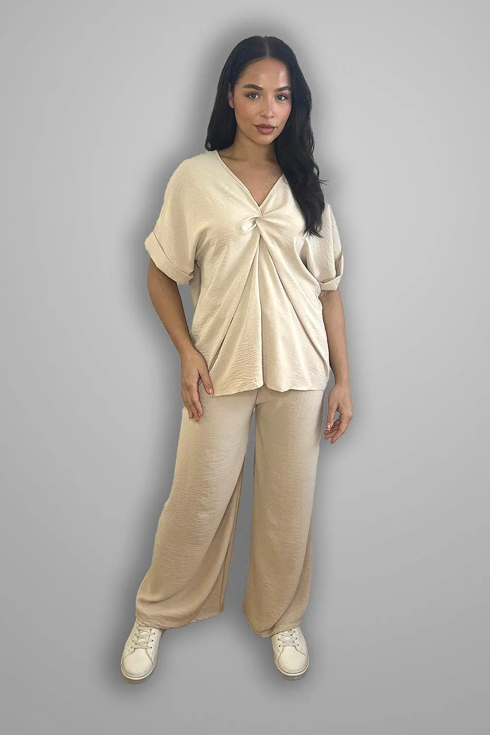 Crepe Twisted Neckline Comfy Fit Tunic And Trousers Set