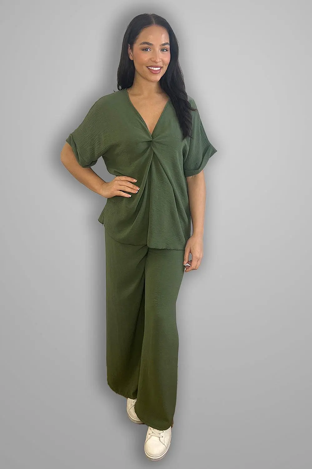 Crepe Twisted Neckline Comfy Fit Tunic And Trousers Set