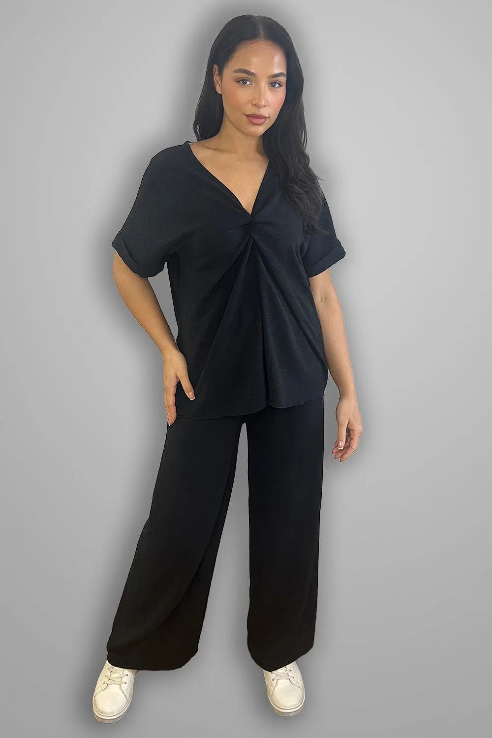 Crepe Twisted Neckline Comfy Fit Tunic And Trousers Set