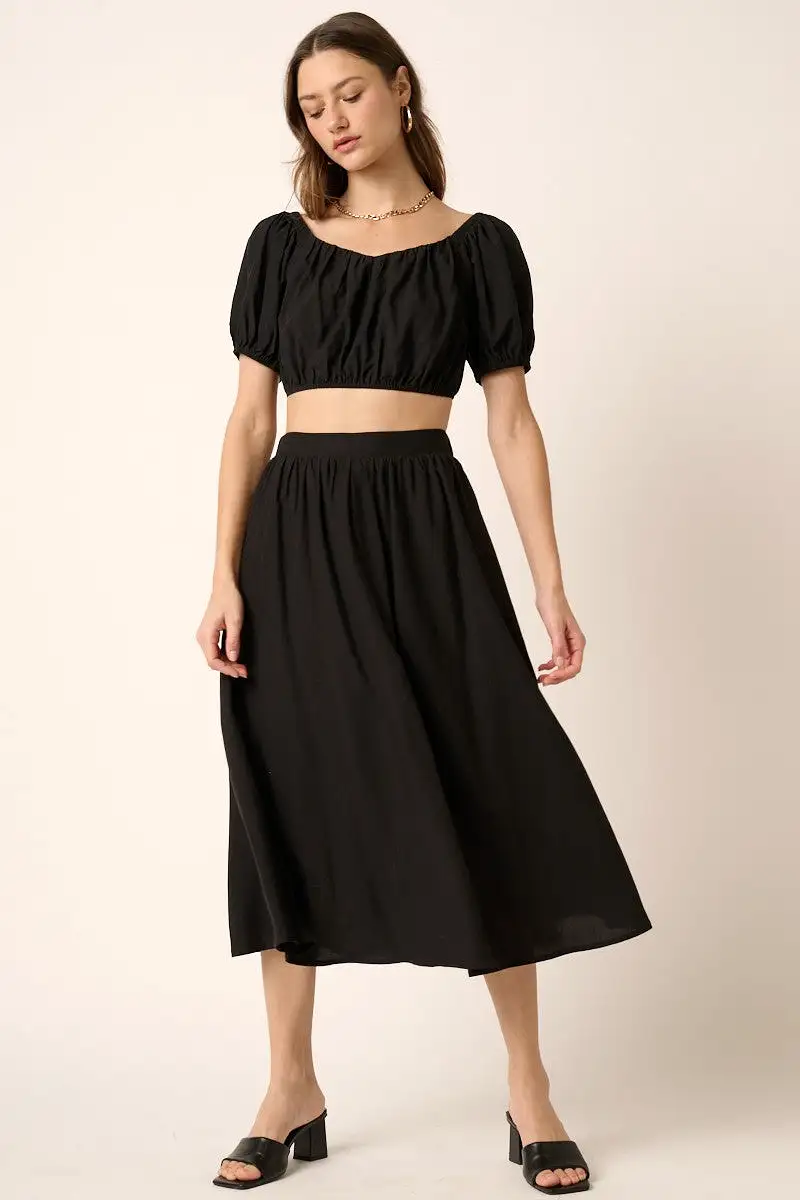 CROP BLOUSE WITH MIDI SKIRT SET- BLACK